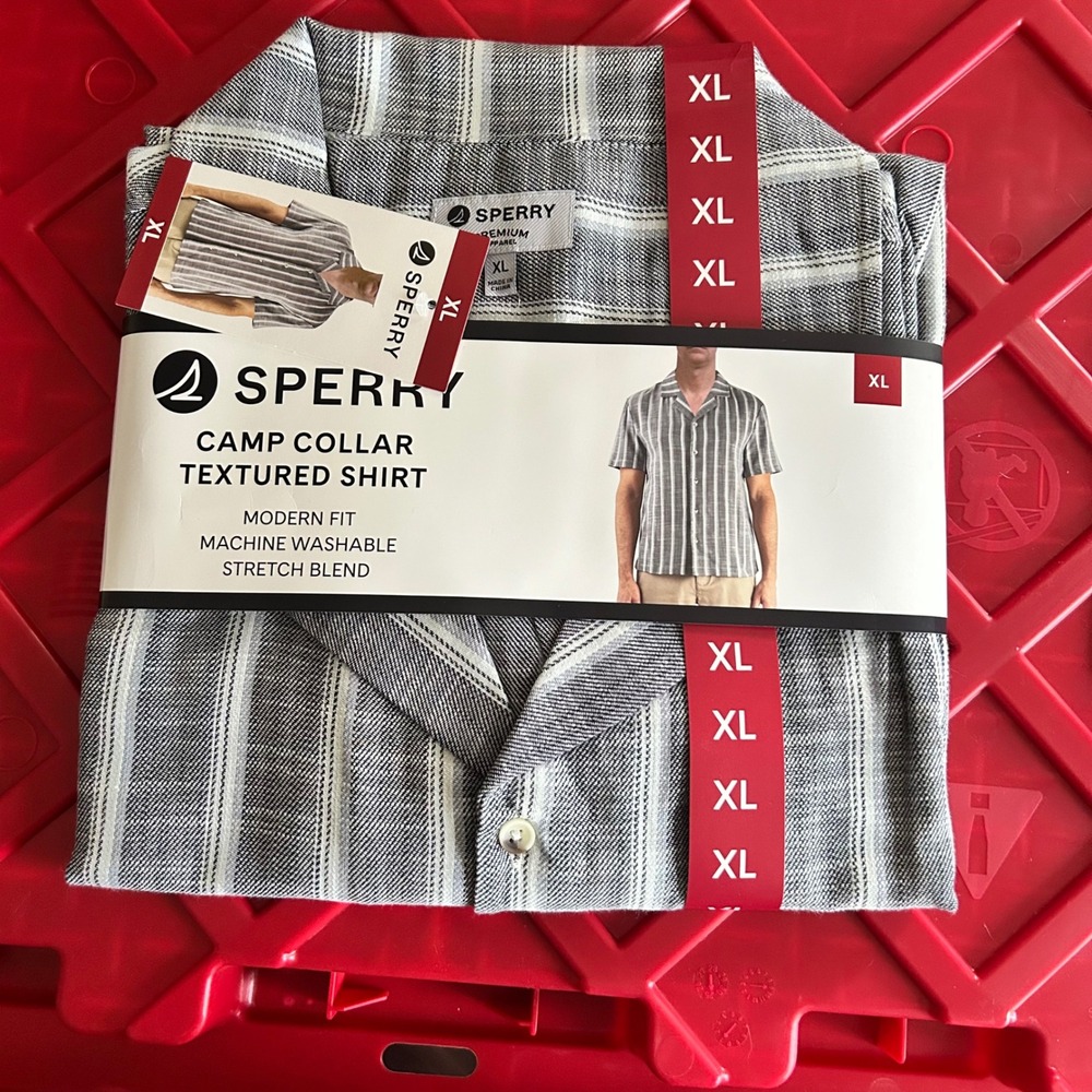 Sperry Mens Camp Collar Textured Shirt XL Grey White Striped Modern Fit NWT - Picture 1 of 1